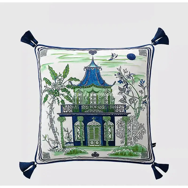 Blue and white crane throw pillow case – living room tassel cushion