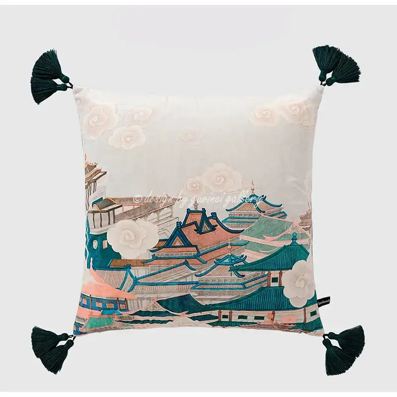Blue and white crane throw pillow case – living room tassel cushion