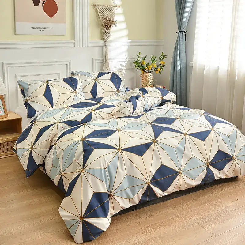Blue and white geometric stripes bedding set for bedroom