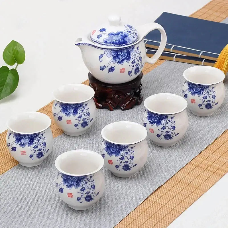 Blue and white landscape double ceramic teaware set for dining room