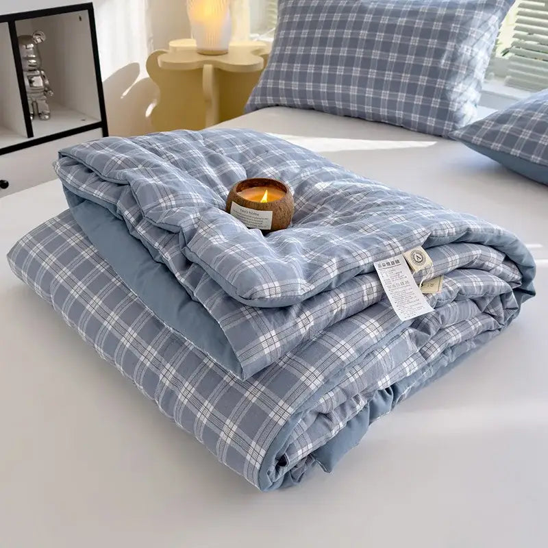 Blue and white plaid cotton summer quilt bedroom soybean fiber comforter