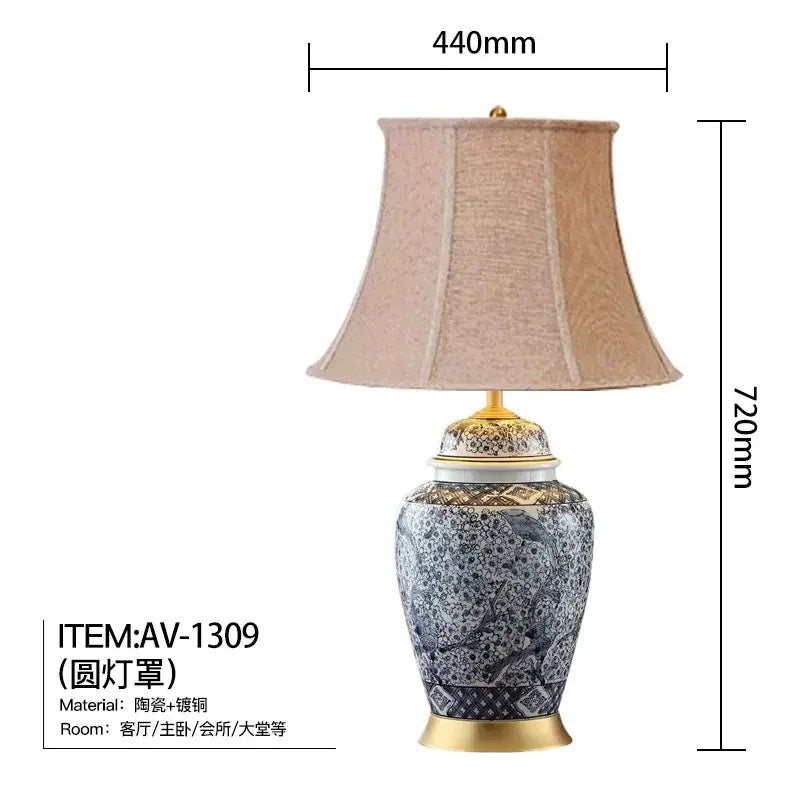 Blue and white porcelain table lamp with gold accents for living room