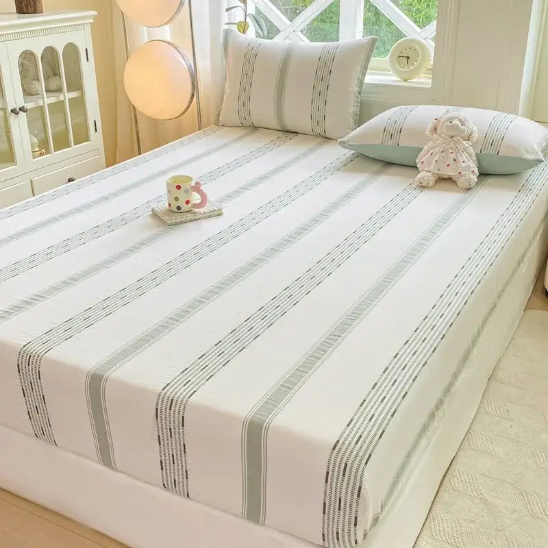 Blue and white striped cotton jacquard fitted sheet set bedroom