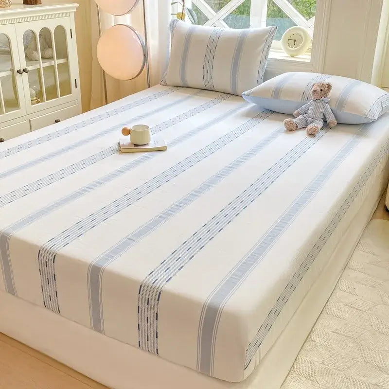 Blue and white striped cotton jacquard fitted sheet set bedroom