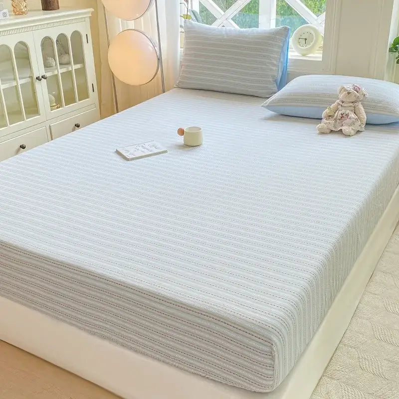 Blue and white striped cotton jacquard fitted sheet set bedroom