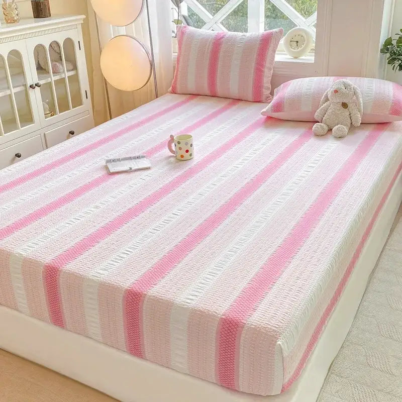 Blue and white striped cotton jacquard fitted sheet set bedroom