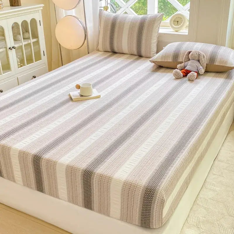 Blue and white striped cotton jacquard fitted sheet set bedroom