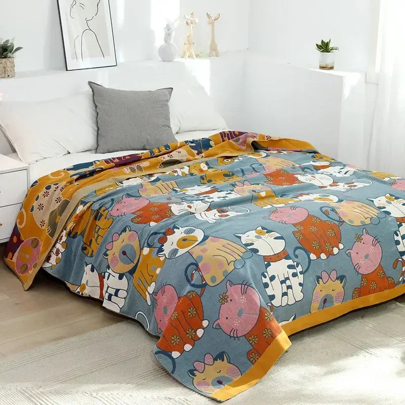 Blue cartoon cat summer quilt bedroom cotton leisure blanket