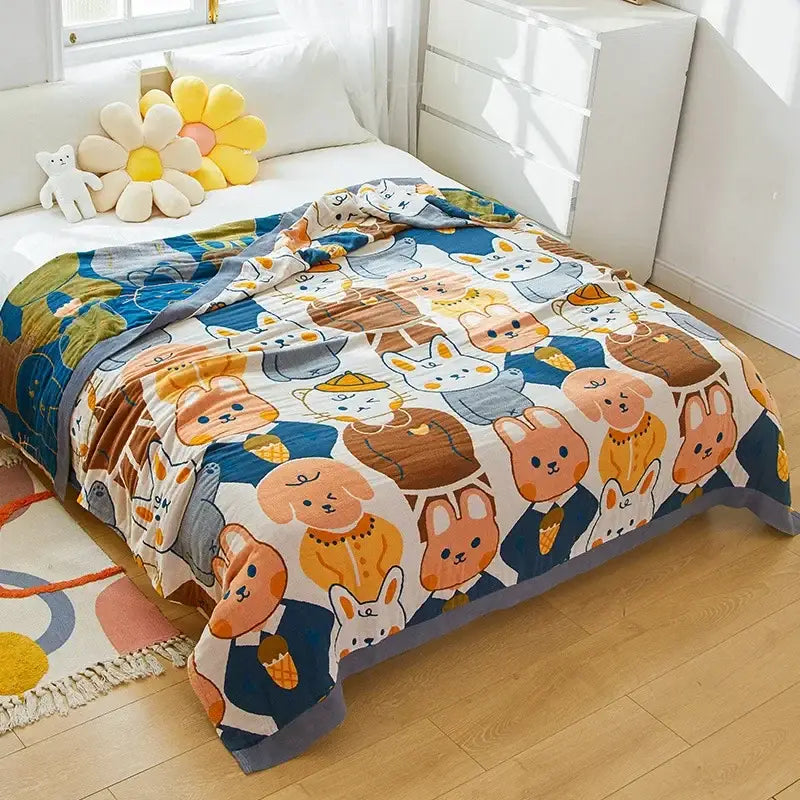 Blue cartoon cat summer quilt bedroom cotton leisure blanket