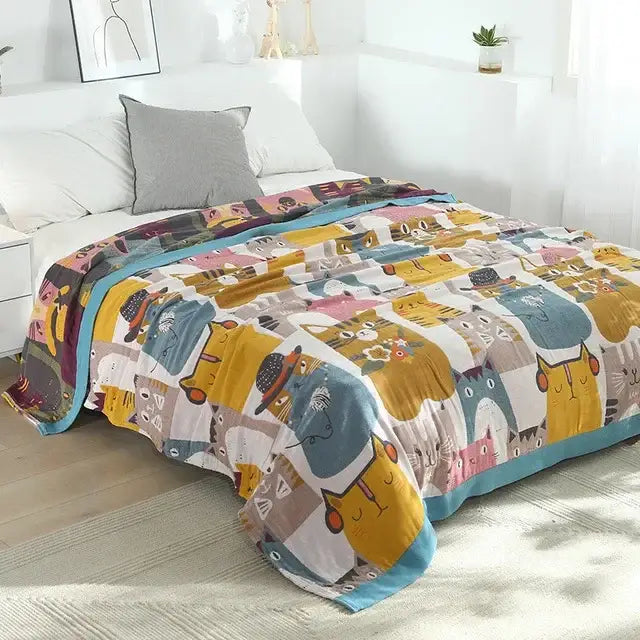 Blue cartoon cat summer quilt bedroom cotton leisure blanket