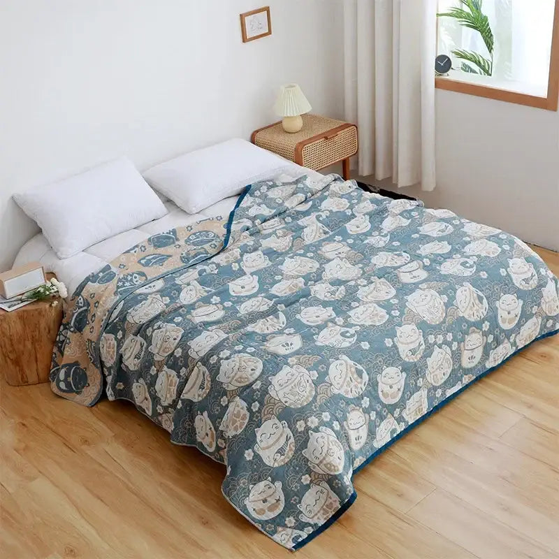 Blue cartoon cat summer quilt bedroom cotton leisure blanket