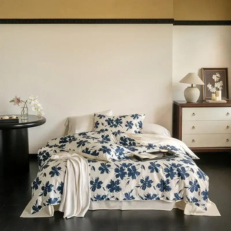Blue floral 100s egyptian cotton bedding set bedroom decor