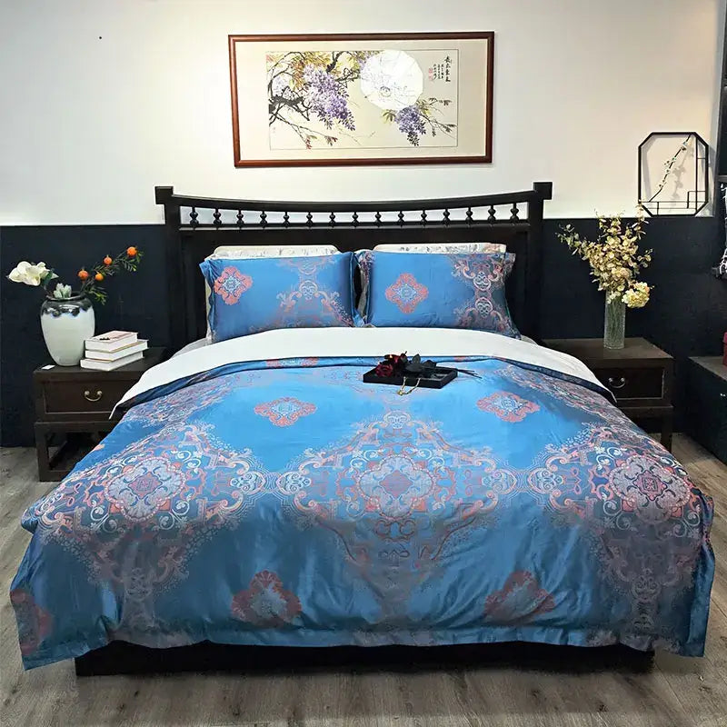Blue floral satin jacquard duvet cover set bedroom bedding