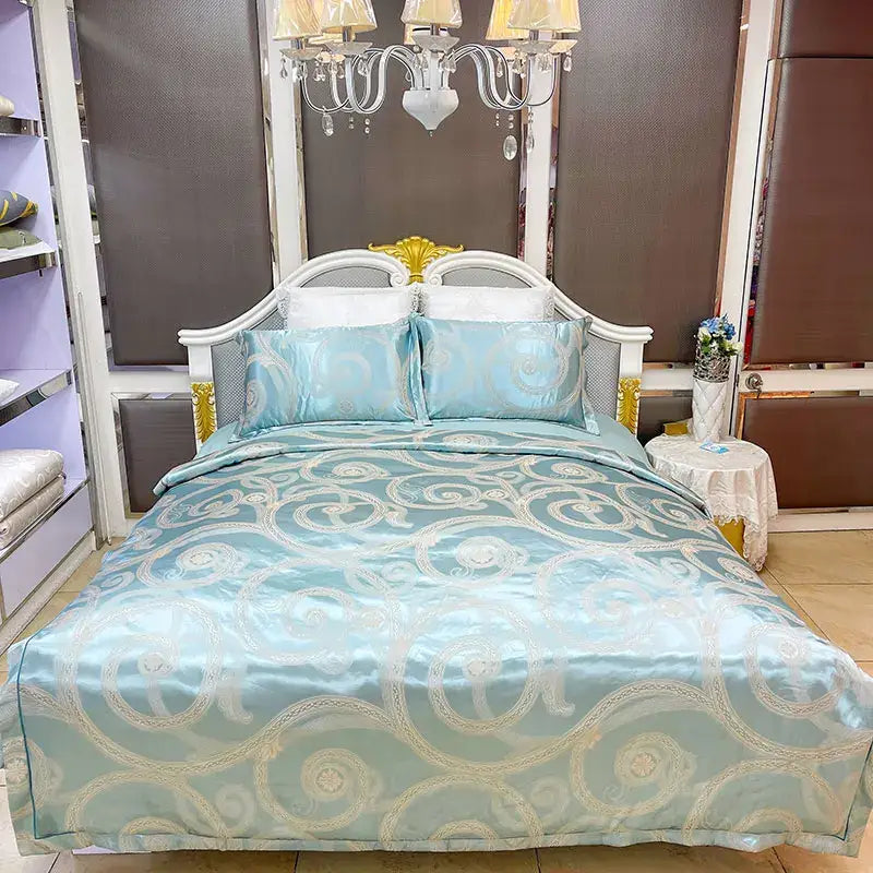 Blue floral satin jacquard duvet cover set bedroom bedding