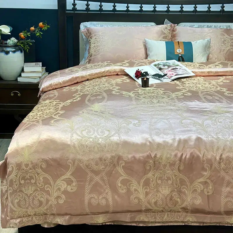 Blue floral satin jacquard duvet cover set bedroom bedding
