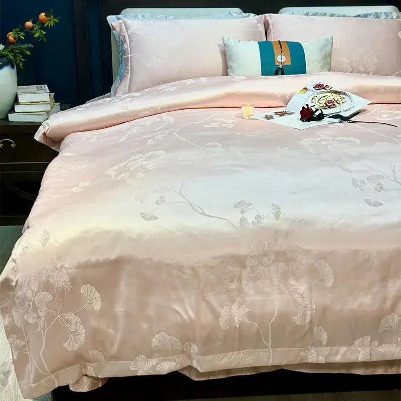 Blue floral satin jacquard duvet cover set bedroom bedding