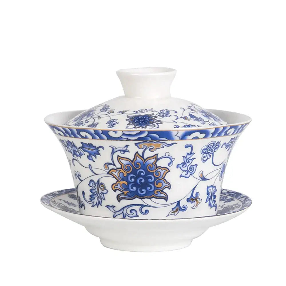 Blue floral white porcelain tea cup set for dining room