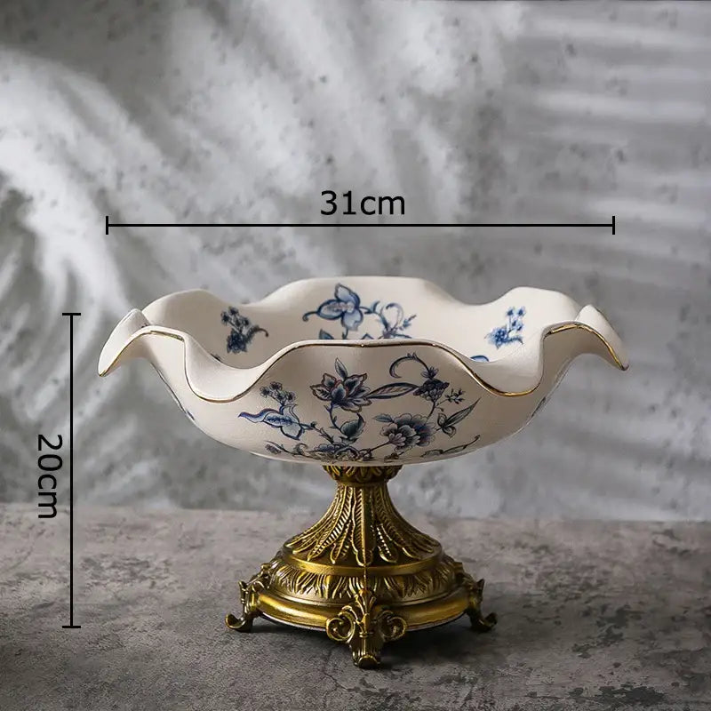 Blue flower pattern footed ceramic fruit bowl dining room gold base