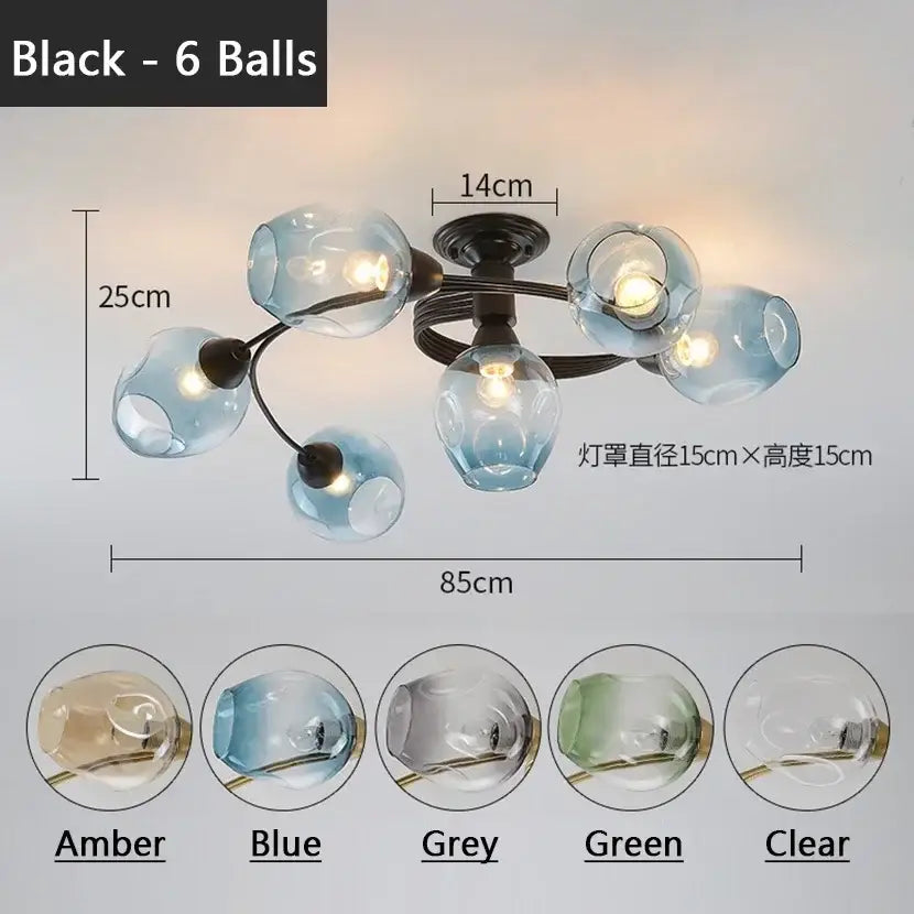 Blue glass ball led chandelier with brass finish for dining room
