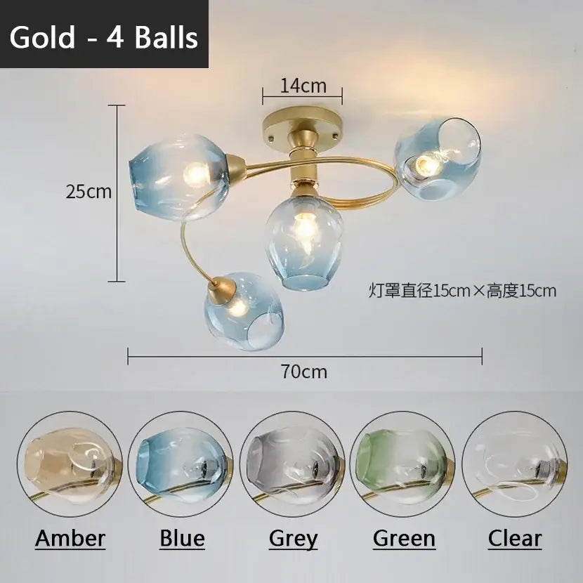 Blue glass ball led chandelier with brass finish for dining room