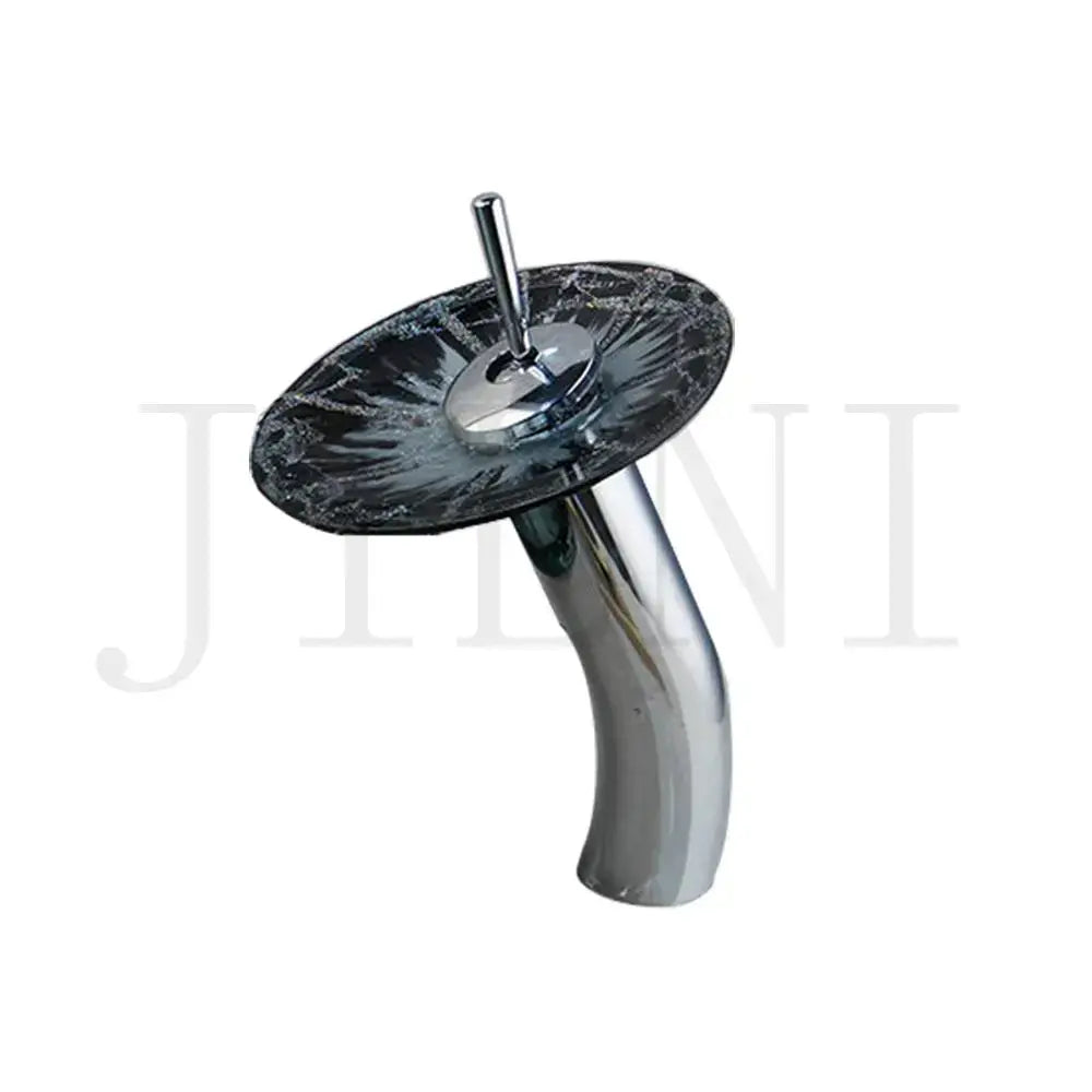 Blue glass bathroom sink with rocker handle faucet chrome finish