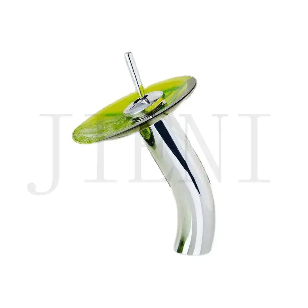 Blue glass bathroom sink with rocker handle faucet chrome finish