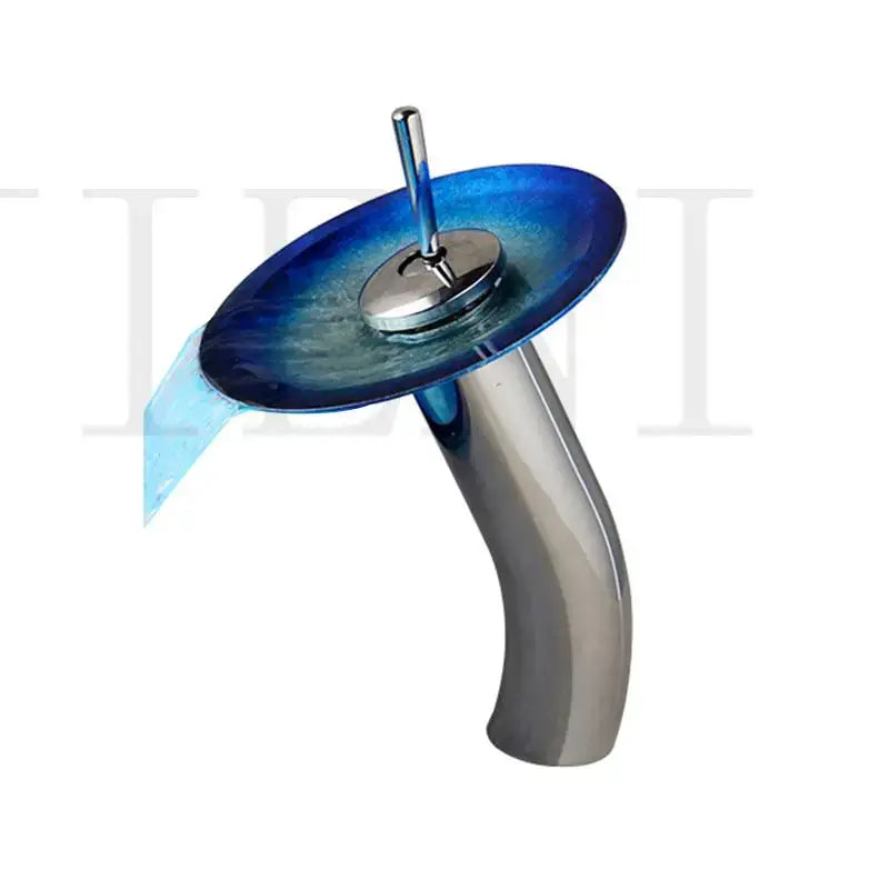 Blue glass bathroom sink with rocker handle faucet chrome finish