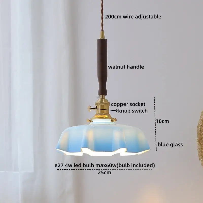 Blue glass led pendant lamp with brass for dining room