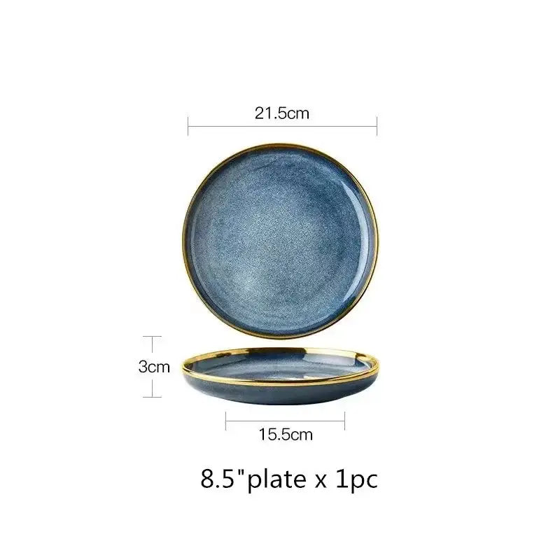 Blue gradient ceramic plate set – dining room gold rim dinnerware