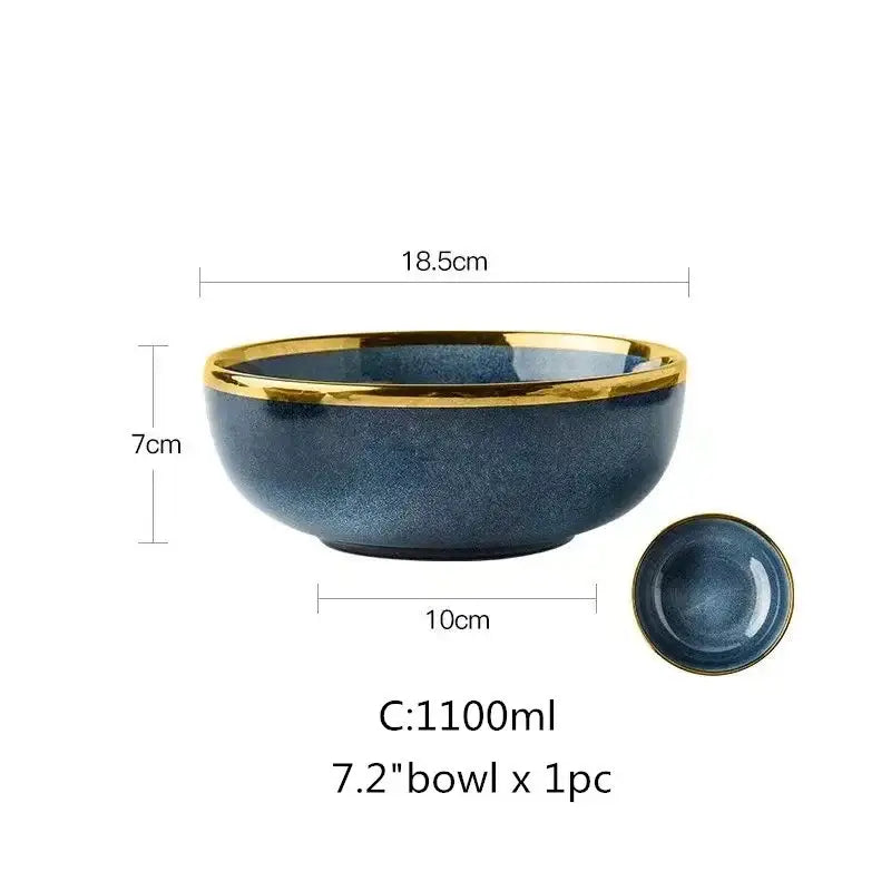 Blue gradient ceramic plate set – dining room gold rim dinnerware