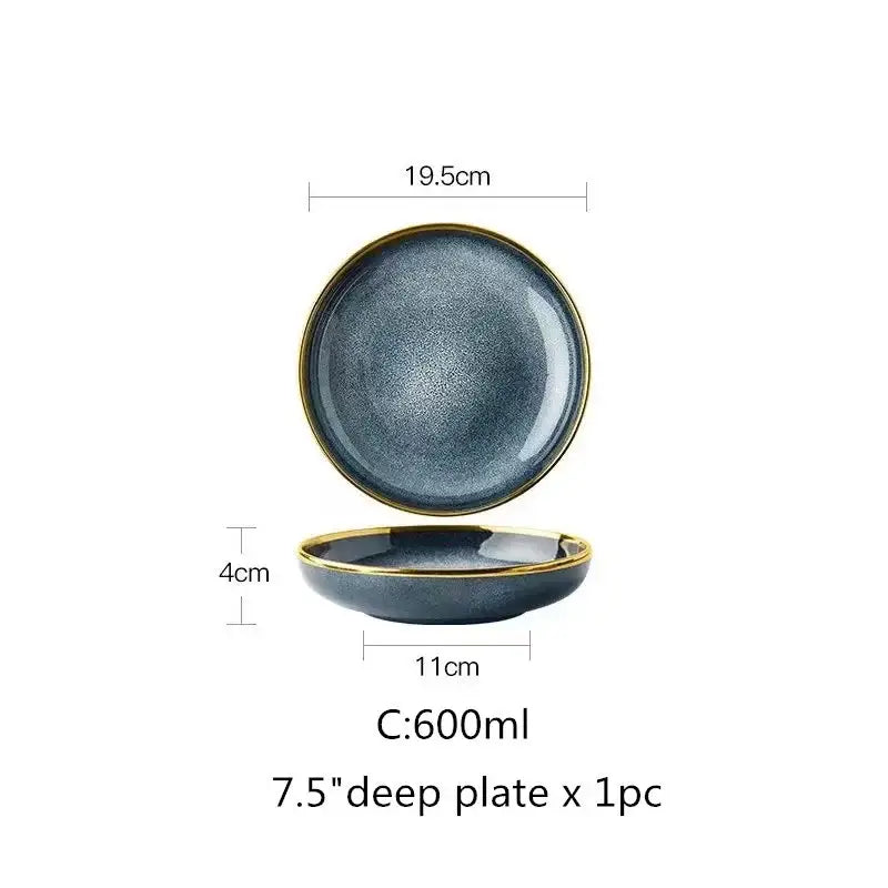 Blue gradient ceramic plate set – dining room gold rim dinnerware