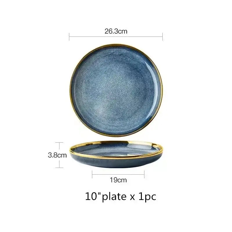 Blue gradient ceramic plate set – dining room gold rim dinnerware