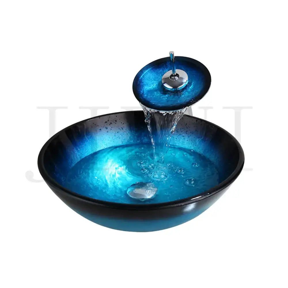 Blue gradient tempered glass basin sink set with waterfall faucet for bathroom