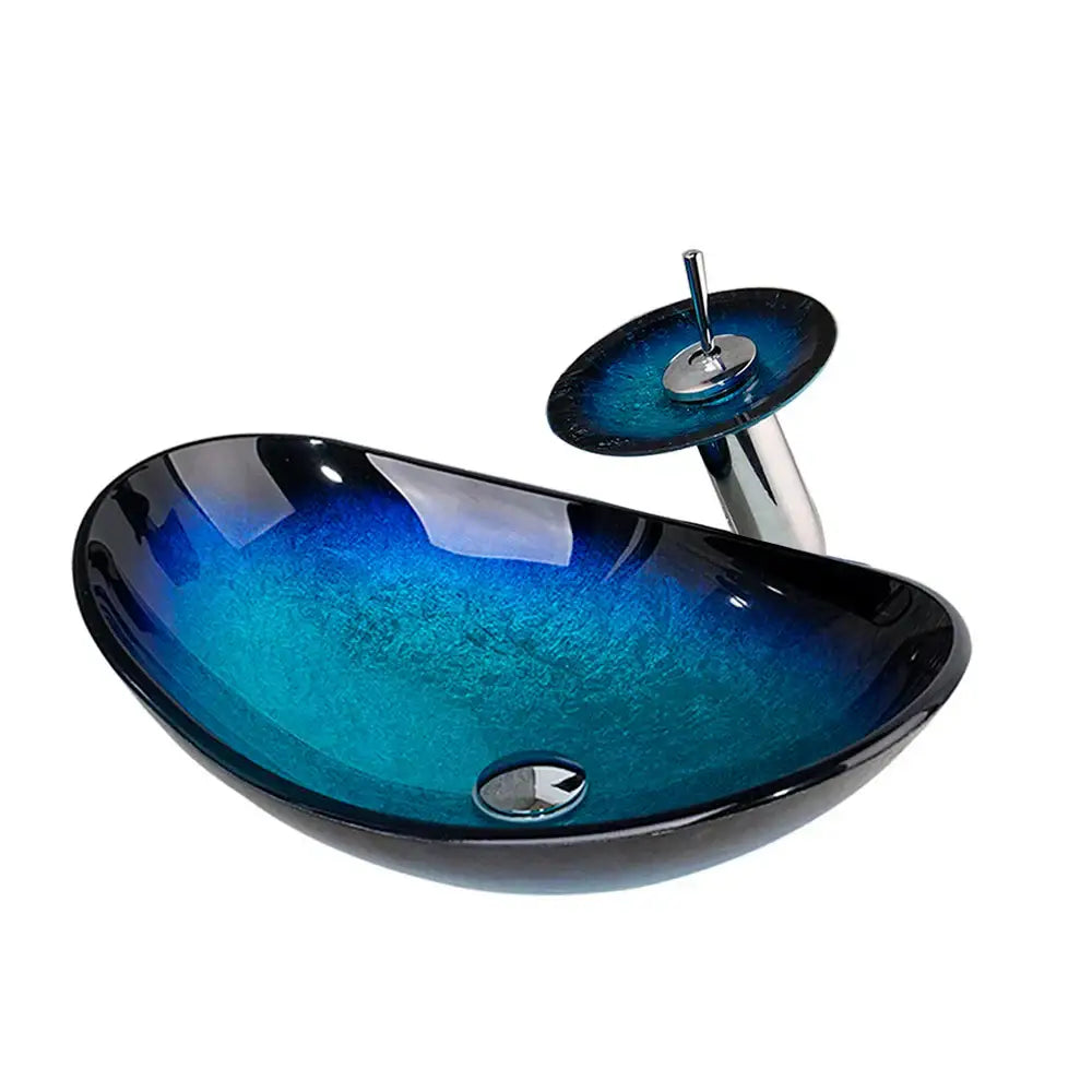 Blue gradient tempered glass basin sink set with waterfall faucet for bathroom