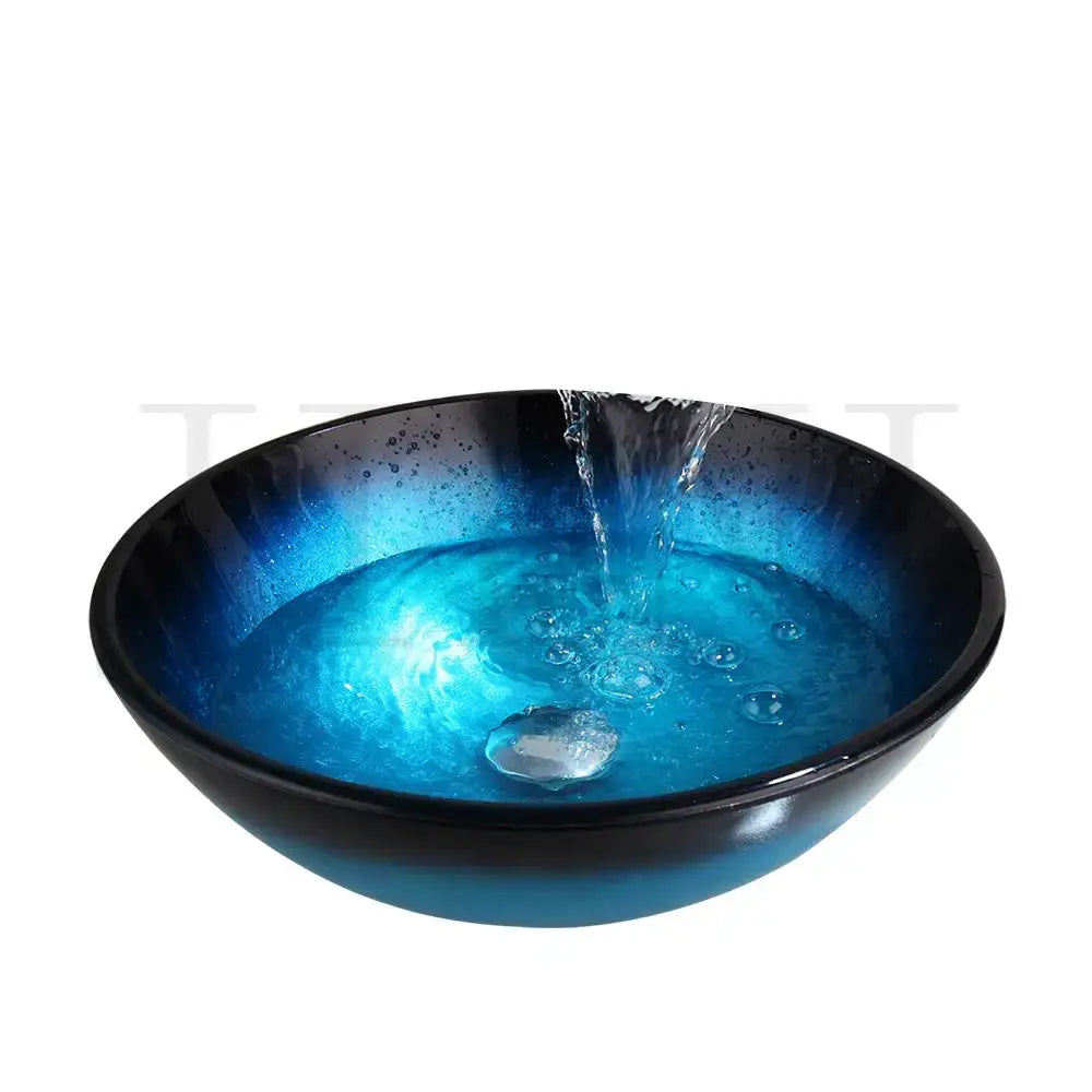Blue gradient tempered glass basin sink set with waterfall faucet for bathroom