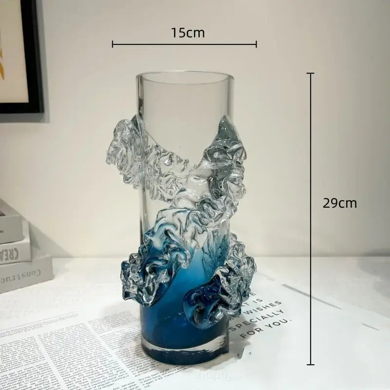 Blue gradient wavy glass vase living room floral decor