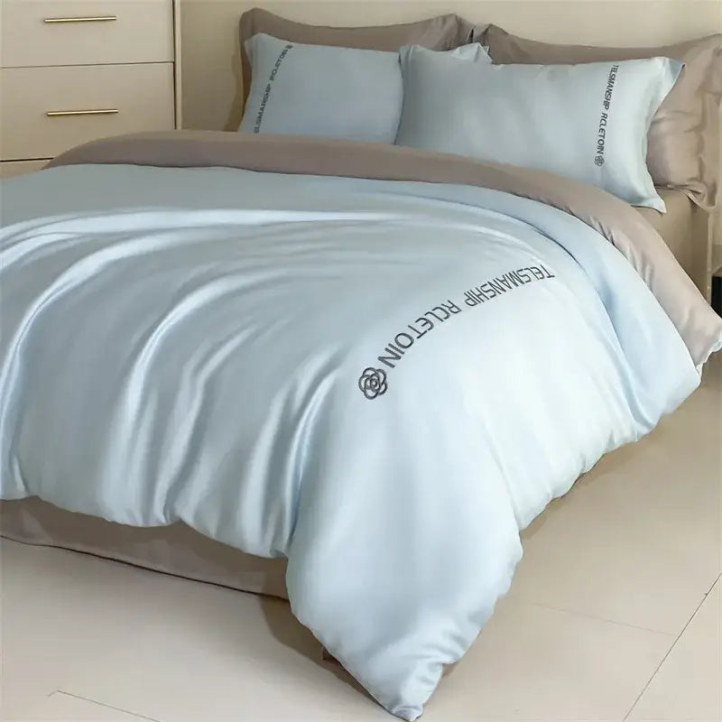 Blue & gray cotton solid color bedding set for bedroom embroidery