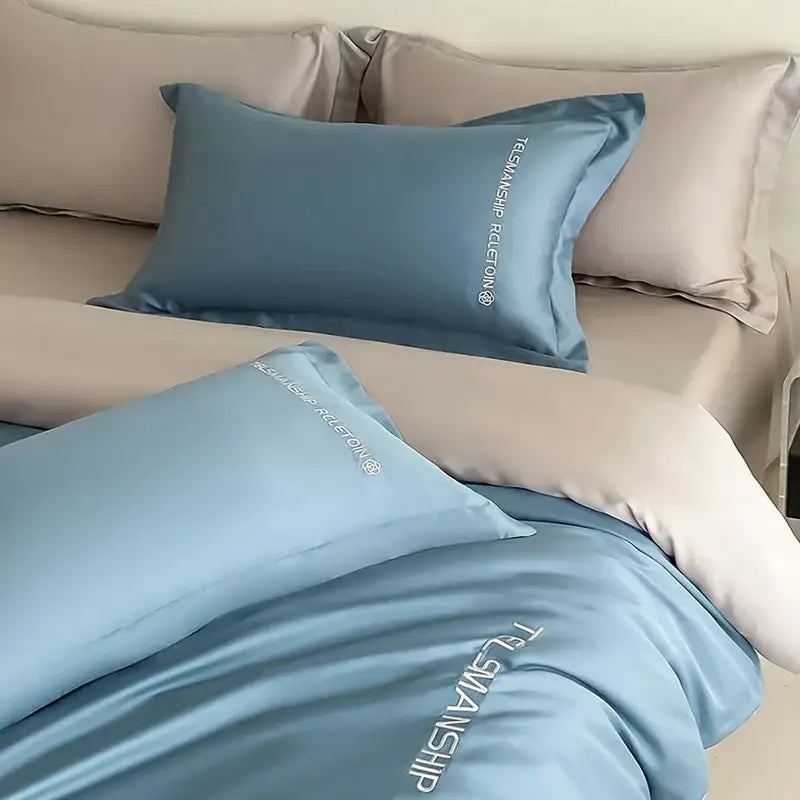 Blue & gray cotton solid color bedding set for bedroom embroidery