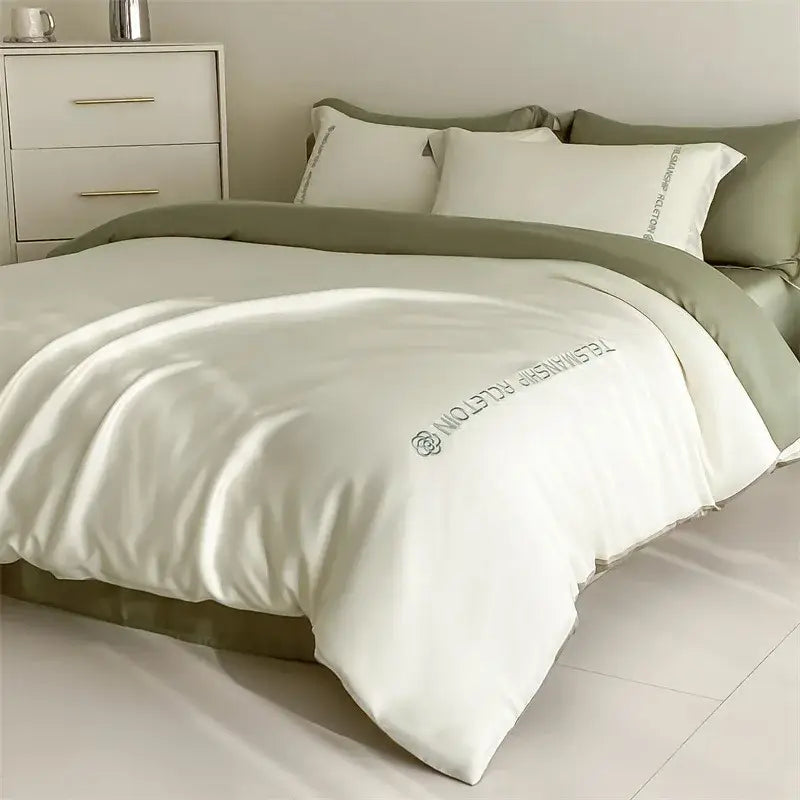 Blue & gray cotton solid color bedding set for bedroom embroidery