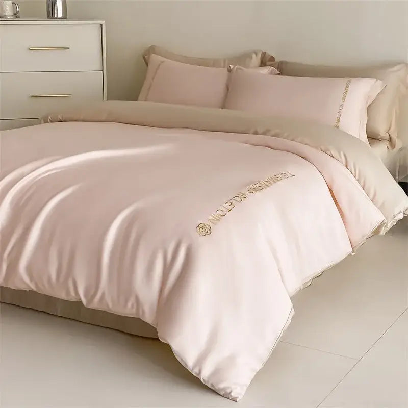 Blue & gray cotton solid color bedding set for bedroom embroidery
