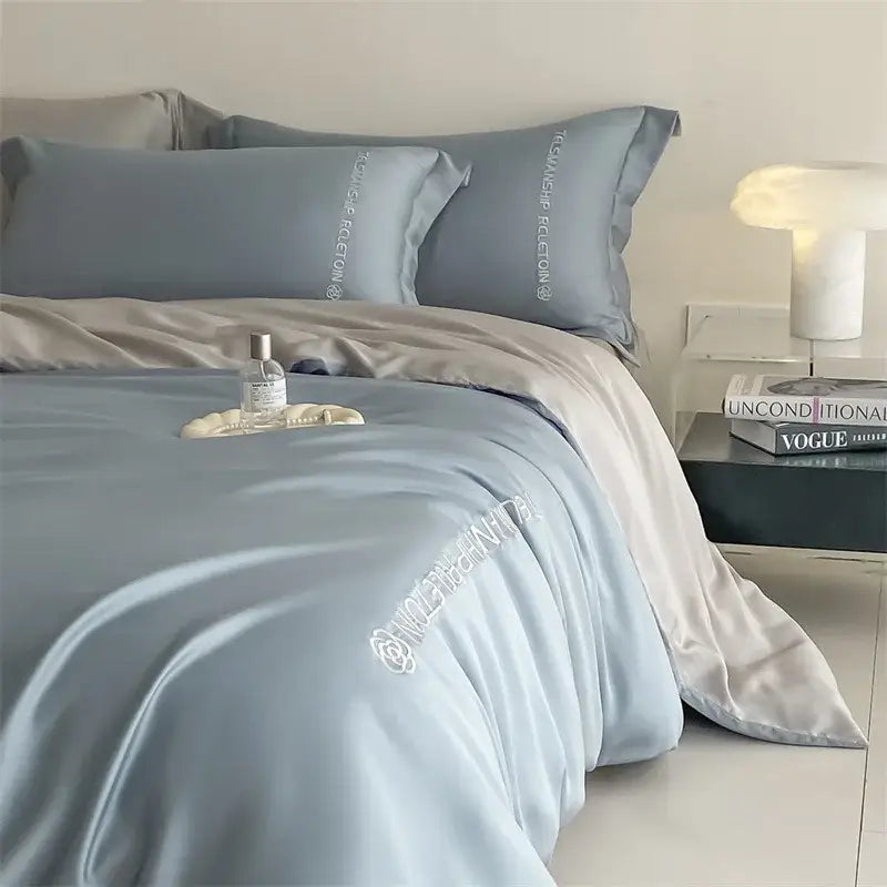 Blue & gray cotton solid color bedding set for bedroom embroidery