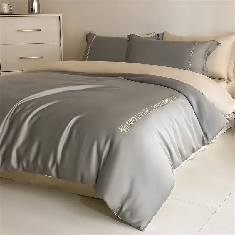 Blue & gray cotton solid color bedding set for bedroom embroidery