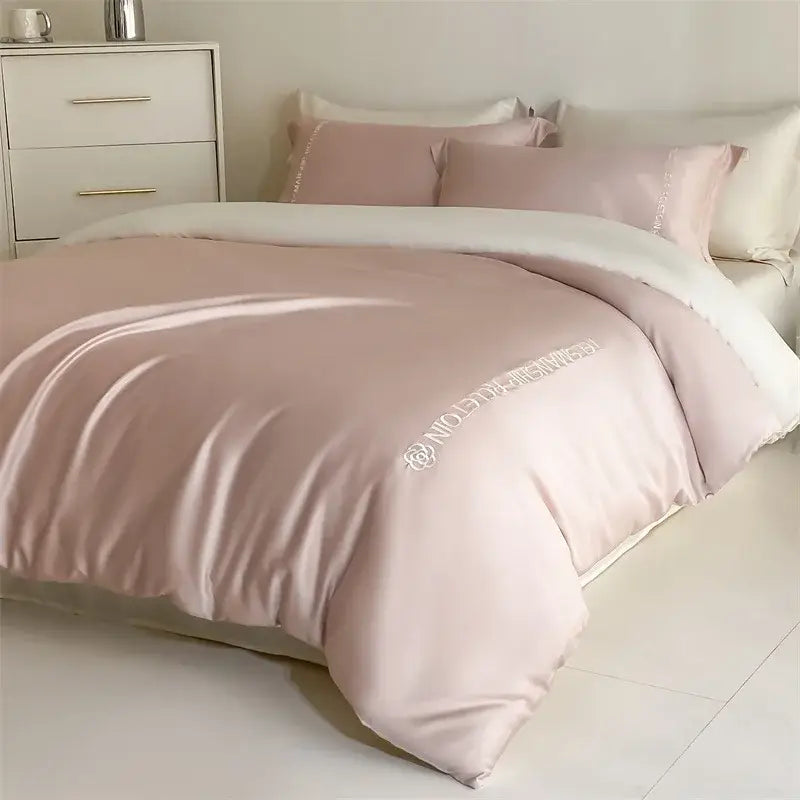 Blue & gray cotton solid color bedding set for bedroom embroidery