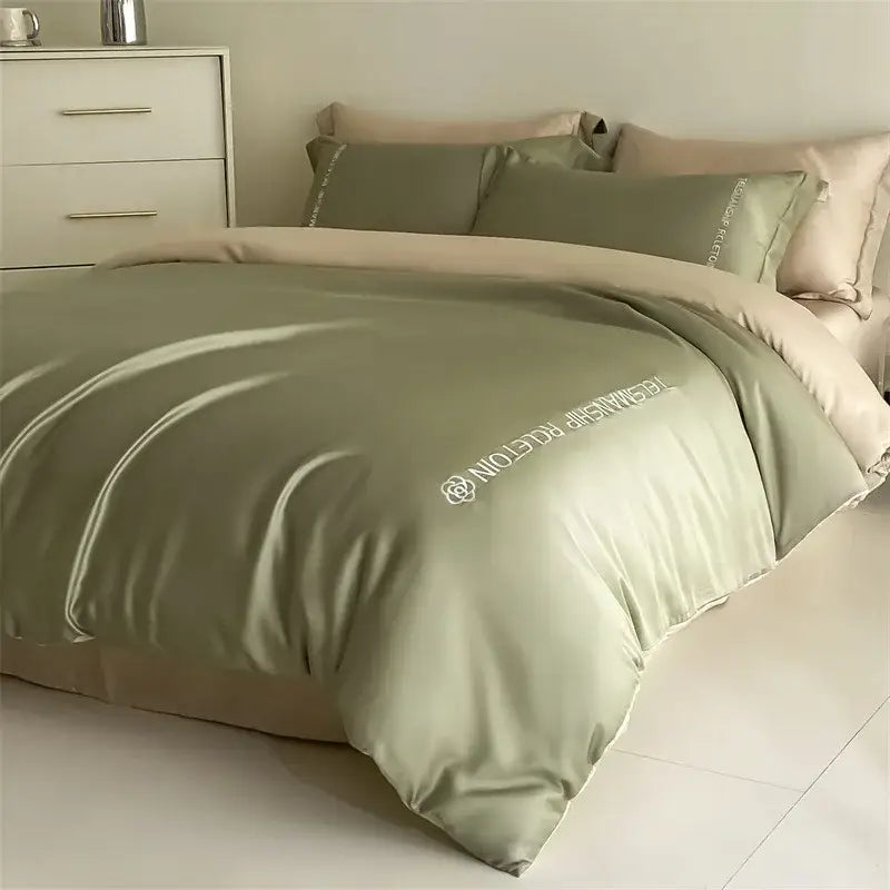 Blue & gray cotton solid color bedding set for bedroom embroidery