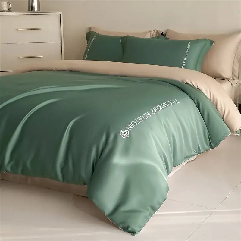 Blue & gray cotton solid color bedding set for bedroom embroidery