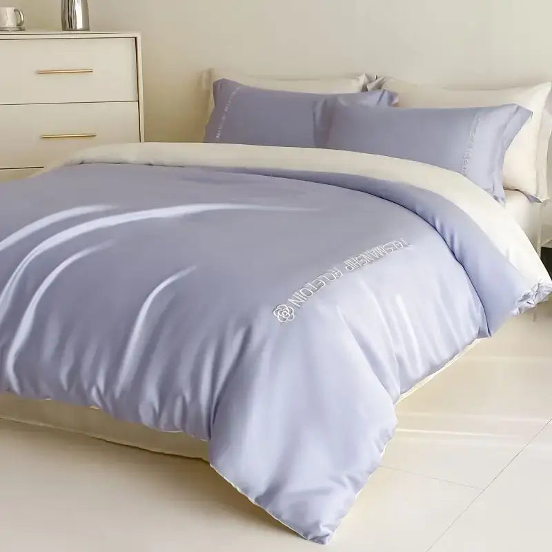 Blue & gray cotton solid color bedding set for bedroom embroidery