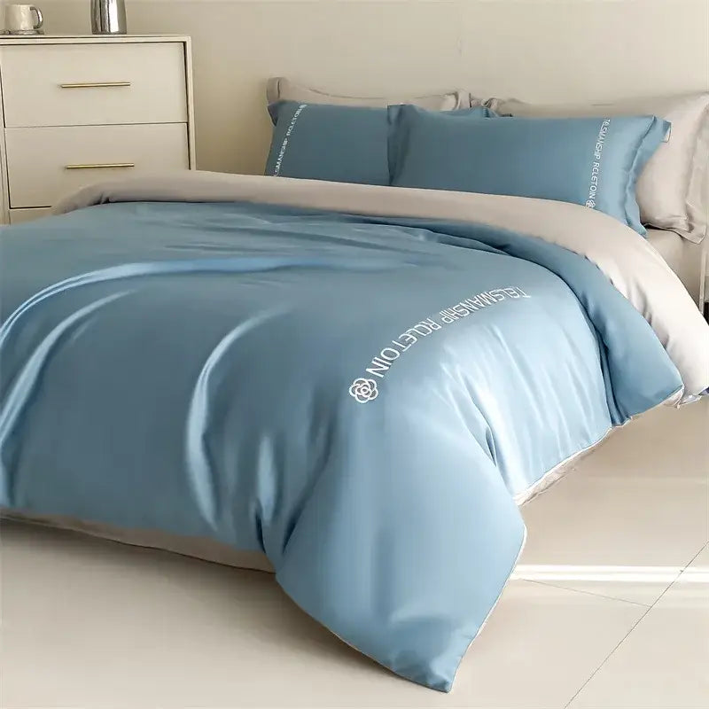 Blue & gray cotton solid color bedding set for bedroom embroidery