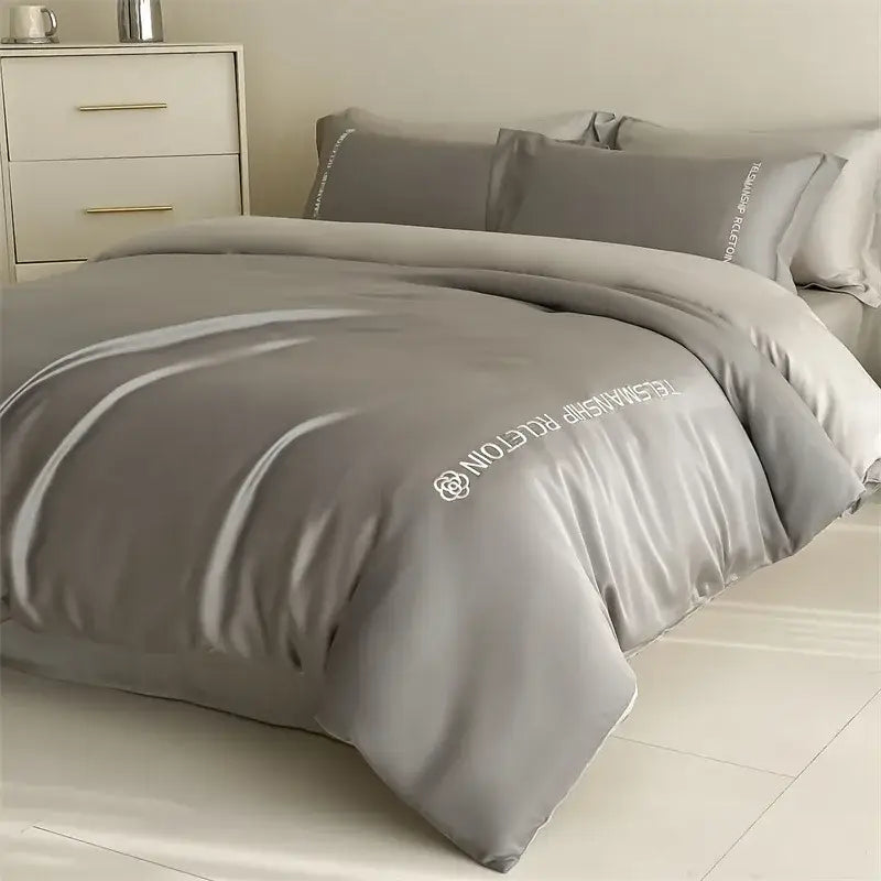 Blue & gray cotton solid color bedding set for bedroom embroidery
