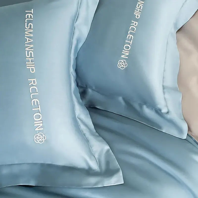 Blue & gray cotton solid color bedding set for bedroom embroidery