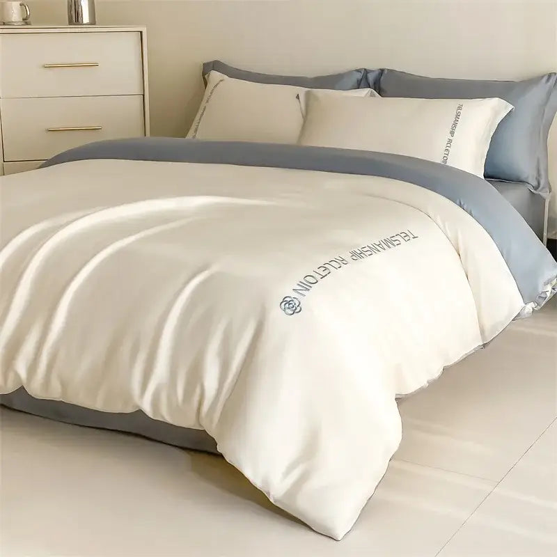 Blue & gray cotton solid color bedding set for bedroom embroidery
